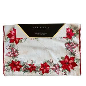 Max Studio Christmas Poinsettia & Bows Placemats 13x19 Set of 4 Holiday Red NEW